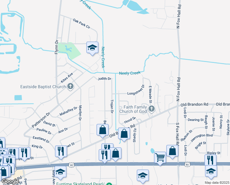 map of restaurants, bars, coffee shops, grocery stores, and more near 244 Trojan Drive in Pearl