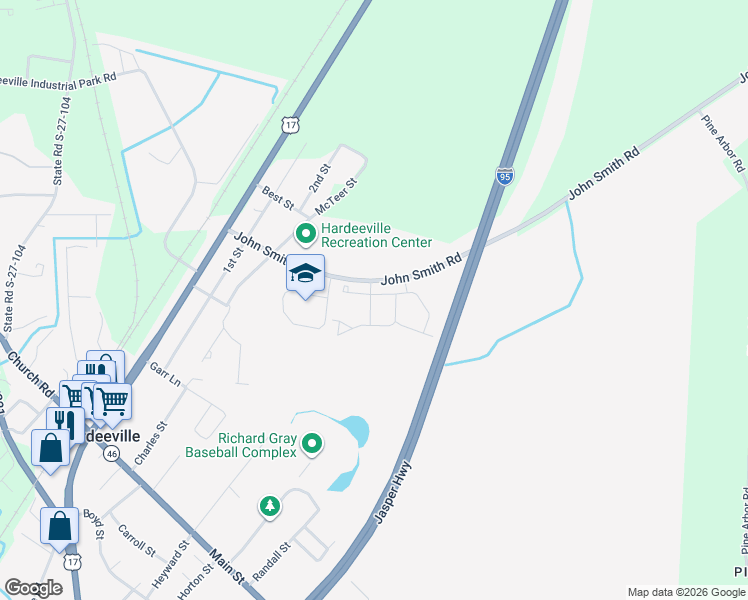 map of restaurants, bars, coffee shops, grocery stores, and more near 95 Castle Street in Hardeeville