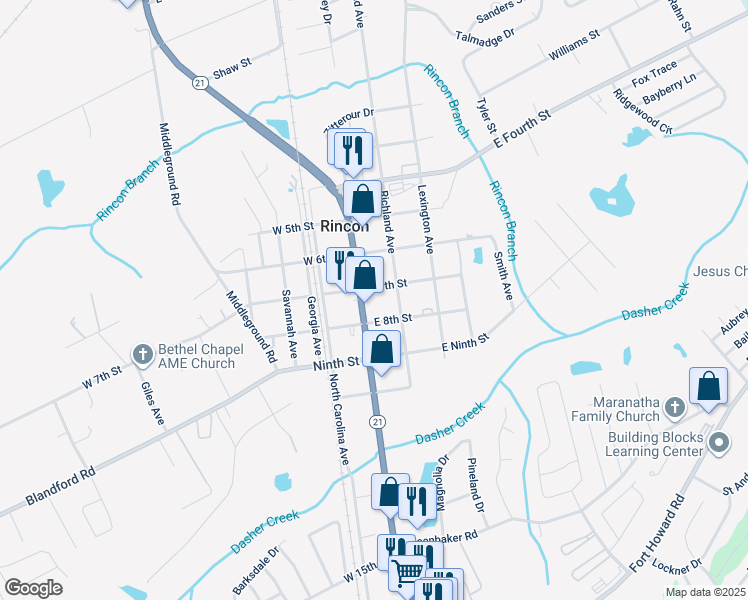 map of restaurants, bars, coffee shops, grocery stores, and more near 214 North Columbia Avenue in Rincon