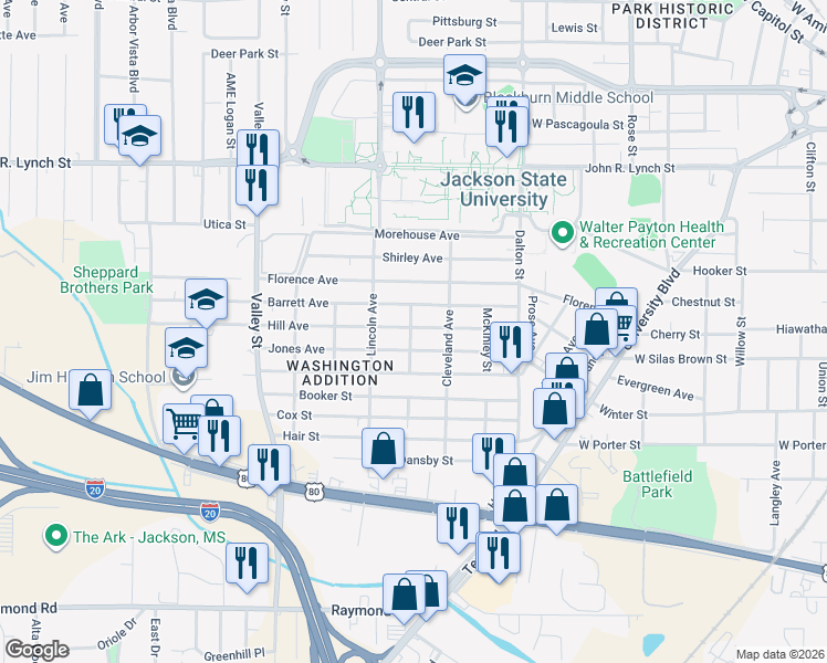 map of restaurants, bars, coffee shops, grocery stores, and more near 1439 Hill Avenue in Jackson