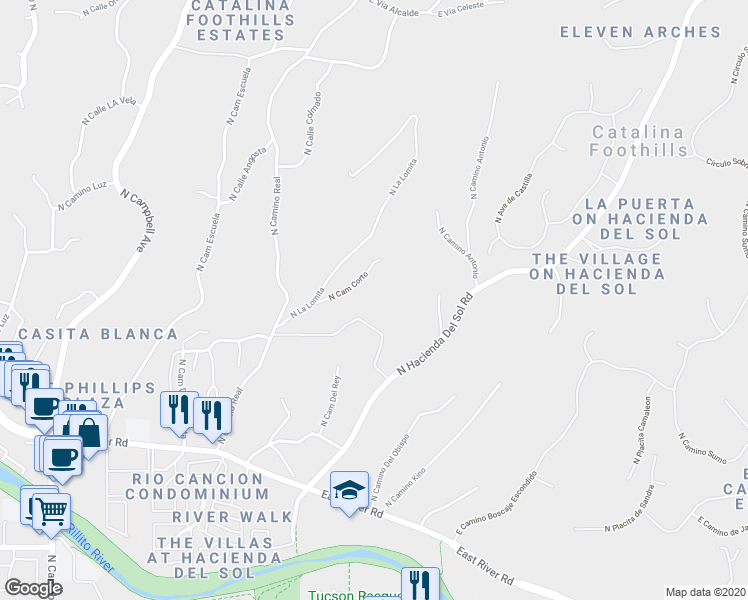 map of restaurants, bars, coffee shops, grocery stores, and more near 4718 North Cam Corto in Tucson