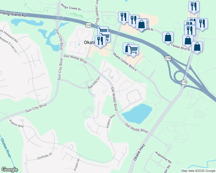 map of restaurants, bars, coffee shops, grocery stores, and more near 17 Debeaufain Drive in Bluffton