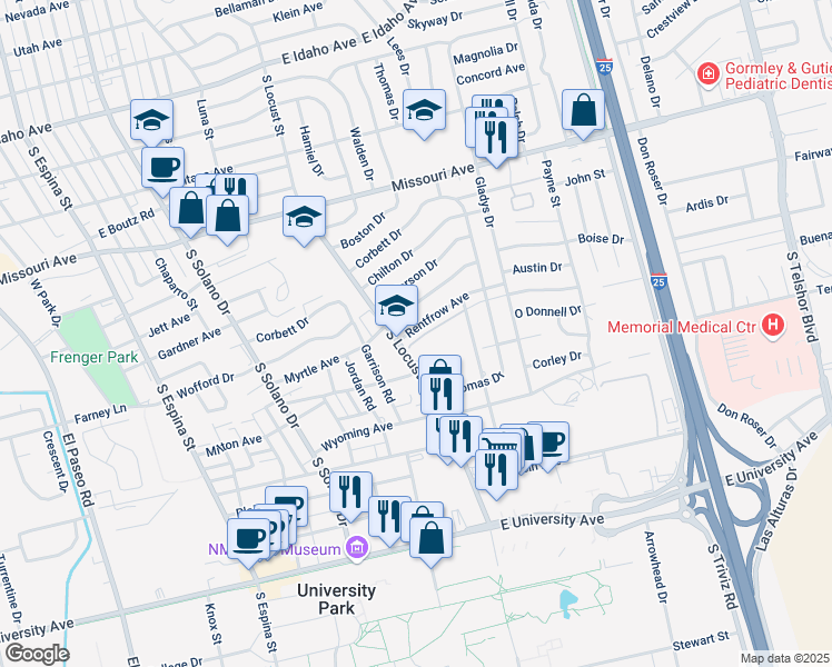 map of restaurants, bars, coffee shops, grocery stores, and more near 1800 Rentfrow Avenue in Las Cruces