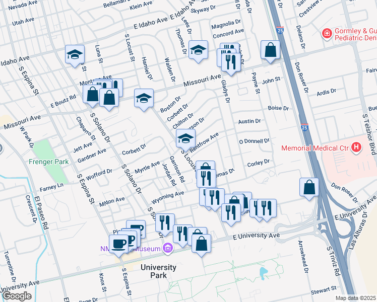 map of restaurants, bars, coffee shops, grocery stores, and more near 1800 Rentfrow Avenue in Las Cruces
