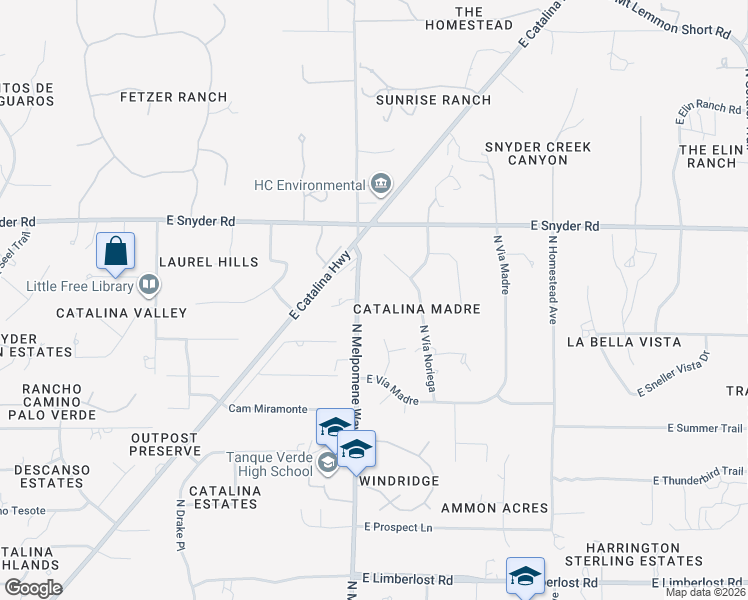 map of restaurants, bars, coffee shops, grocery stores, and more near 4634 North Melpomene Way in Tucson