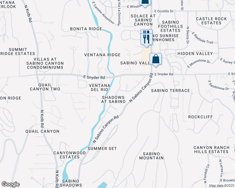 map of restaurants, bars, coffee shops, grocery stores, and more near 7734 East Snyder Road in Tucson