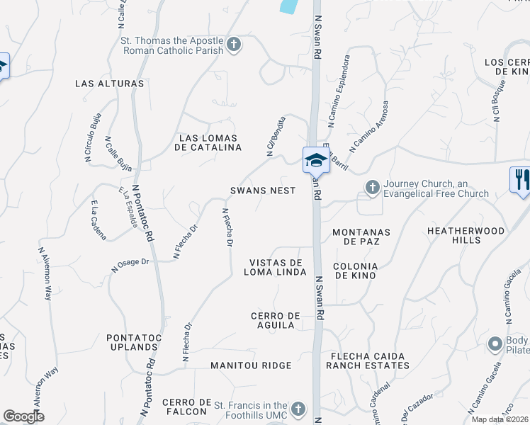 map of restaurants, bars, coffee shops, grocery stores, and more near 4700 North Nesting Lane in Tucson