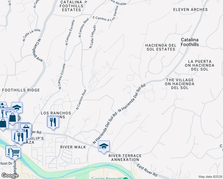 map of restaurants, bars, coffee shops, grocery stores, and more near 4718 North Cam Corto in Tucson
