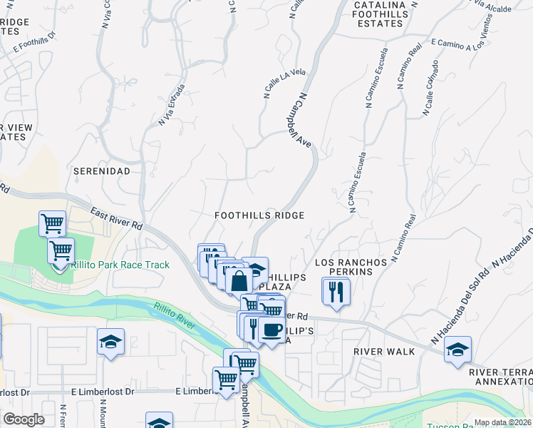 map of restaurants, bars, coffee shops, grocery stores, and more near 1966 East Campbell Terrace in Tucson