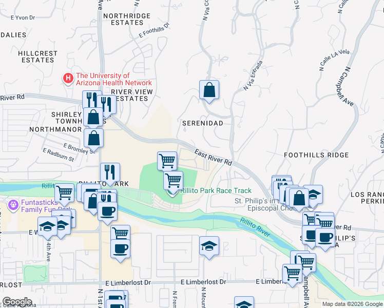 map of restaurants, bars, coffee shops, grocery stores, and more near 1200 East River Road in Tucson