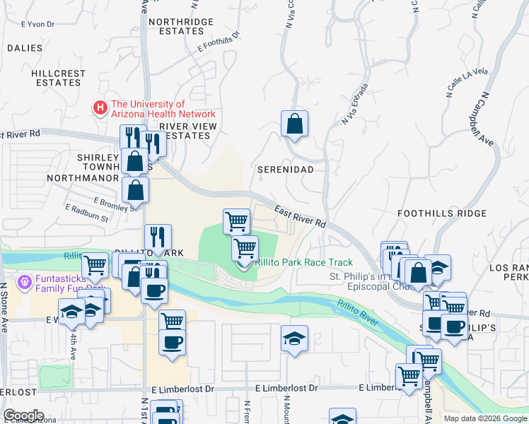 map of restaurants, bars, coffee shops, grocery stores, and more near 1200 East River Road in Tucson