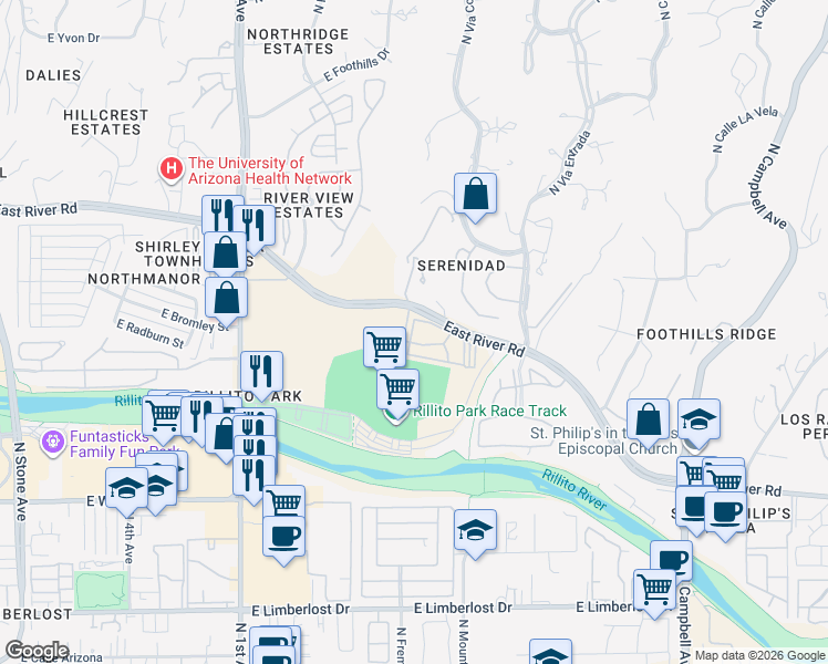 map of restaurants, bars, coffee shops, grocery stores, and more near 1090 East River Road in Tucson