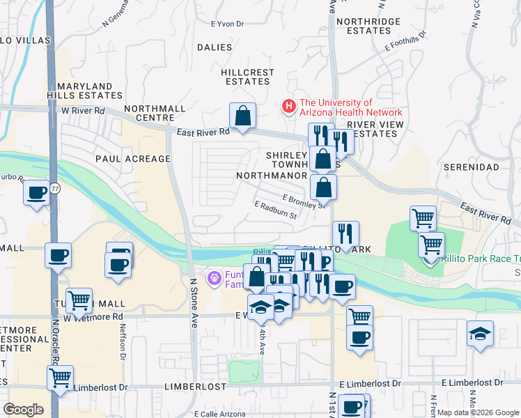 map of restaurants, bars, coffee shops, grocery stores, and more near 416 East Radburn Street in Tucson
