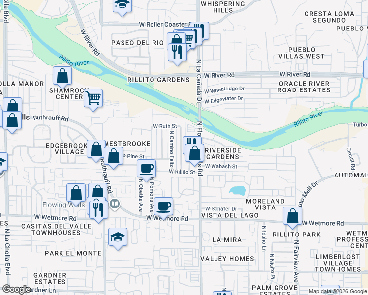 map of restaurants, bars, coffee shops, grocery stores, and more near 4661 North Camino Aire Fresco in Tucson
