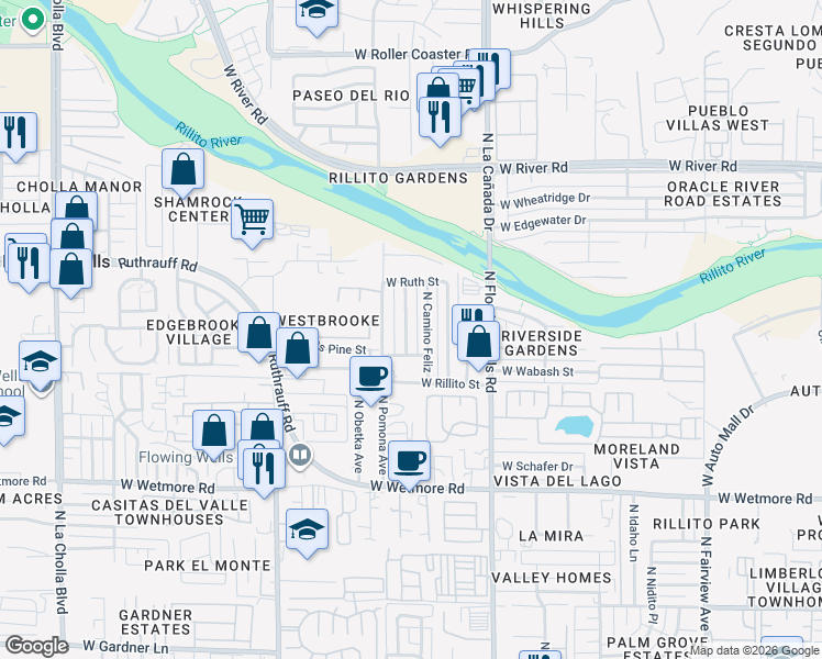 map of restaurants, bars, coffee shops, grocery stores, and more near 4657 North Iroquois Avenue in Tucson