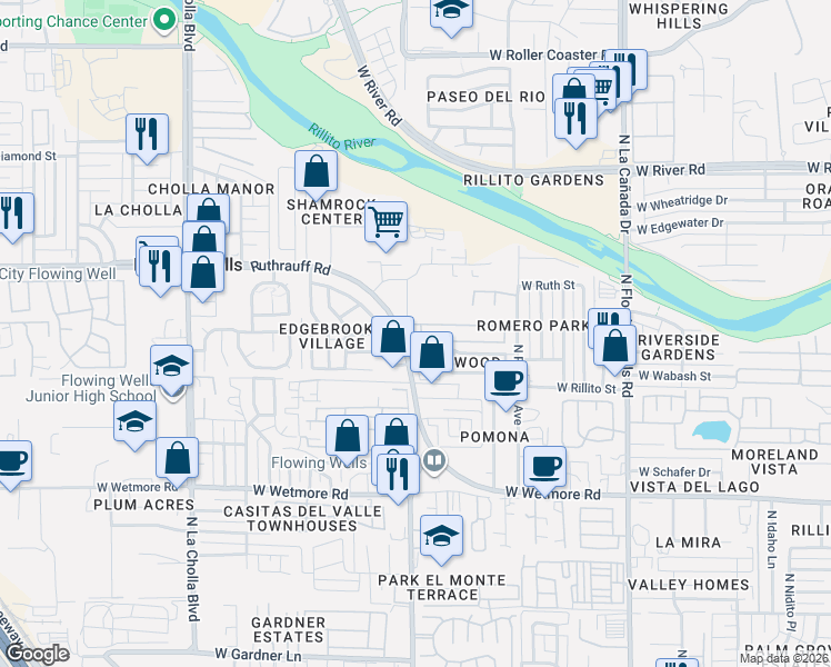map of restaurants, bars, coffee shops, grocery stores, and more near 1744 West Coralbrooke Drive in Tucson