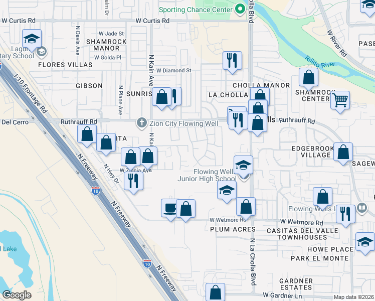 map of restaurants, bars, coffee shops, grocery stores, and more near 2385 West Wave Hill Court in Tucson