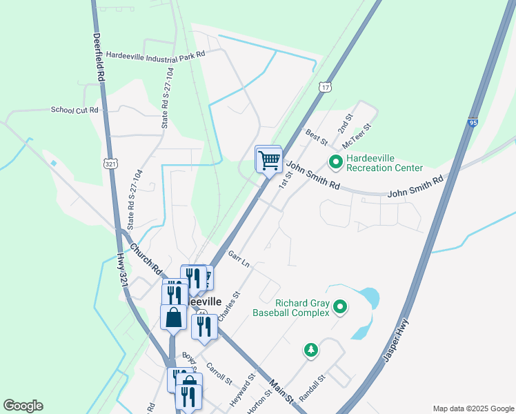 map of restaurants, bars, coffee shops, grocery stores, and more near 1st Street in Hardeeville