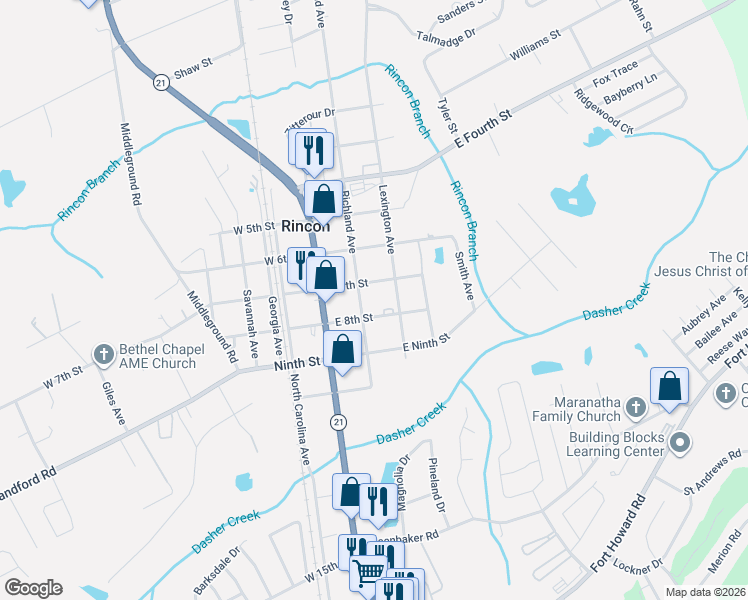 map of restaurants, bars, coffee shops, grocery stores, and more near 204 Richland Avenue in Rincon