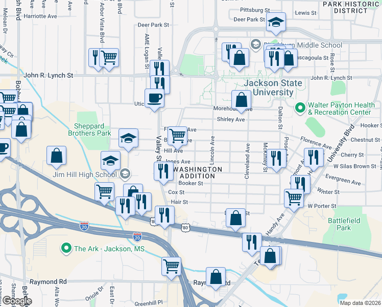 map of restaurants, bars, coffee shops, grocery stores, and more near 1701-1799 Grant Ave in Jackson