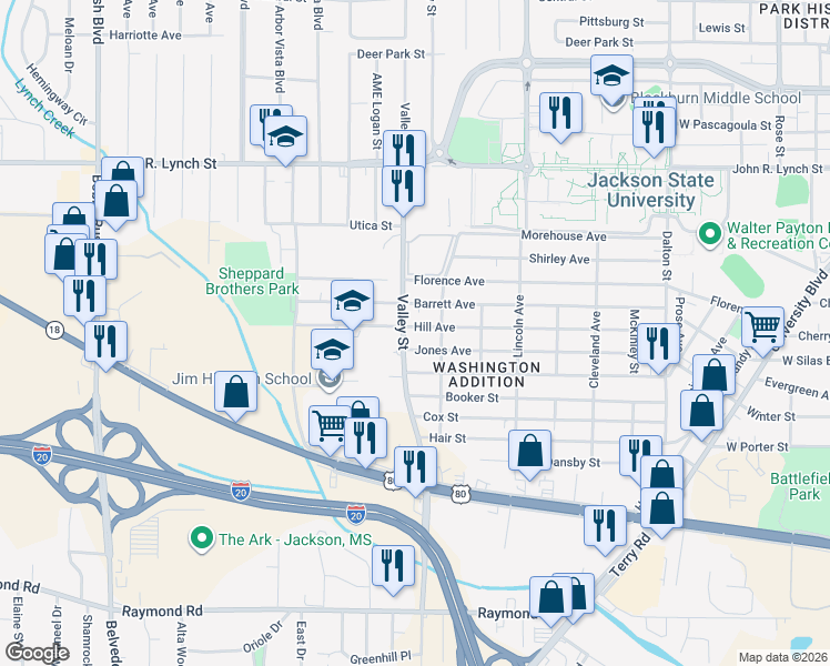 map of restaurants, bars, coffee shops, grocery stores, and more near 1700 Valley Street in Jackson