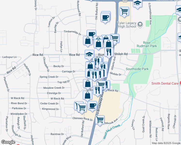 map of restaurants, bars, coffee shops, grocery stores, and more near 5220 Old Bullard Road in Tyler