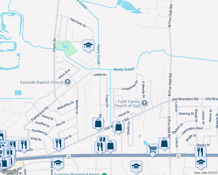 map of restaurants, bars, coffee shops, grocery stores, and more near 244 Trojan Drive in Pearl