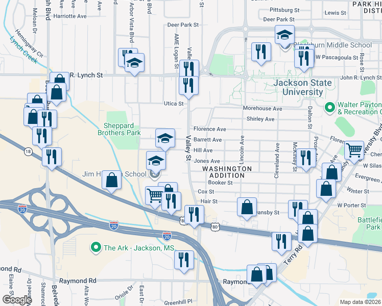 map of restaurants, bars, coffee shops, grocery stores, and more near 1700 Valley Street in Jackson