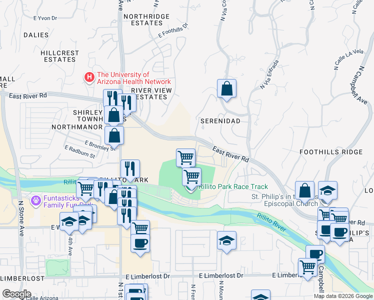 map of restaurants, bars, coffee shops, grocery stores, and more near 1090 East River Road in Tucson