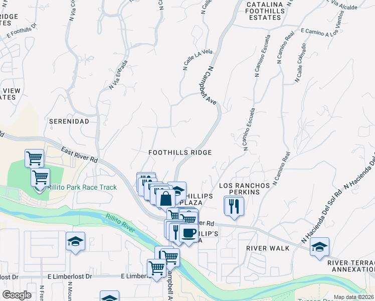 map of restaurants, bars, coffee shops, grocery stores, and more near 1966 East Campbell Terrace in Tucson