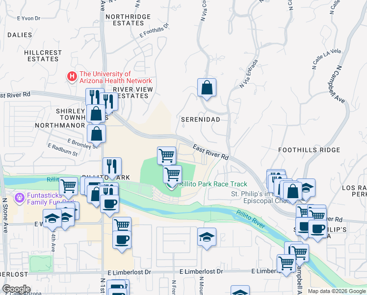 map of restaurants, bars, coffee shops, grocery stores, and more near 1200 East River Road in Tucson