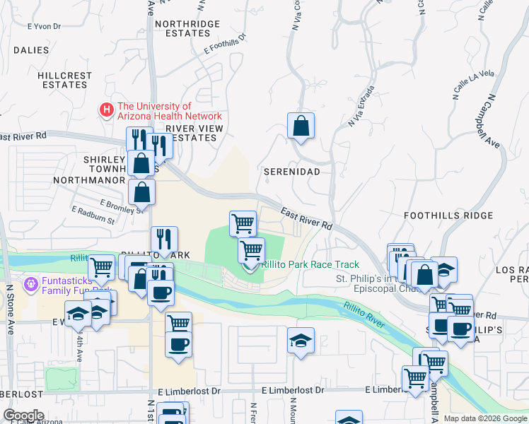 map of restaurants, bars, coffee shops, grocery stores, and more near 1200 East River Road in Tucson