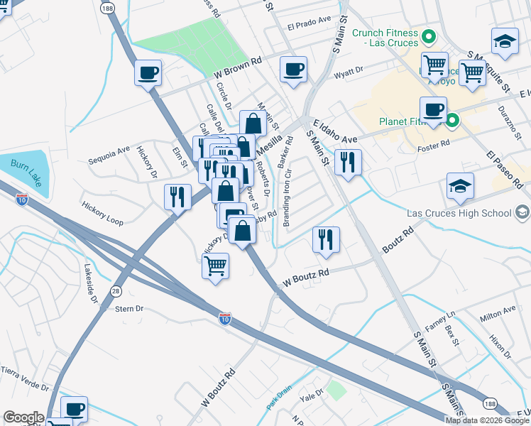 map of restaurants, bars, coffee shops, grocery stores, and more near 1535 Roberts Drive in Las Cruces