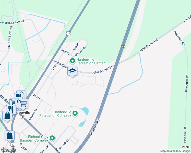 map of restaurants, bars, coffee shops, grocery stores, and more near 293 Royal Road in Hardeeville