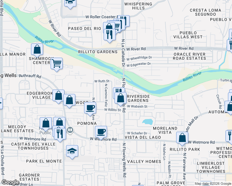 map of restaurants, bars, coffee shops, grocery stores, and more near 1432 West Buena Tierra Place in Tucson