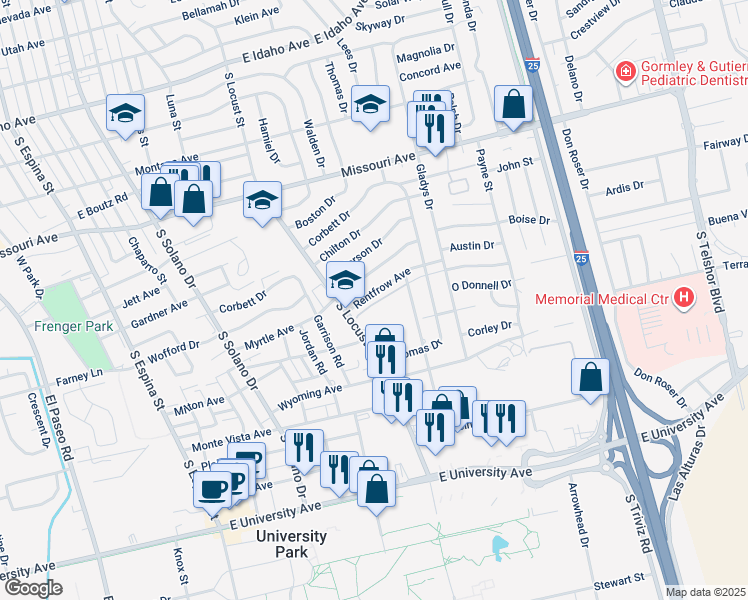 map of restaurants, bars, coffee shops, grocery stores, and more near 1800 Rentfrow Avenue in Las Cruces