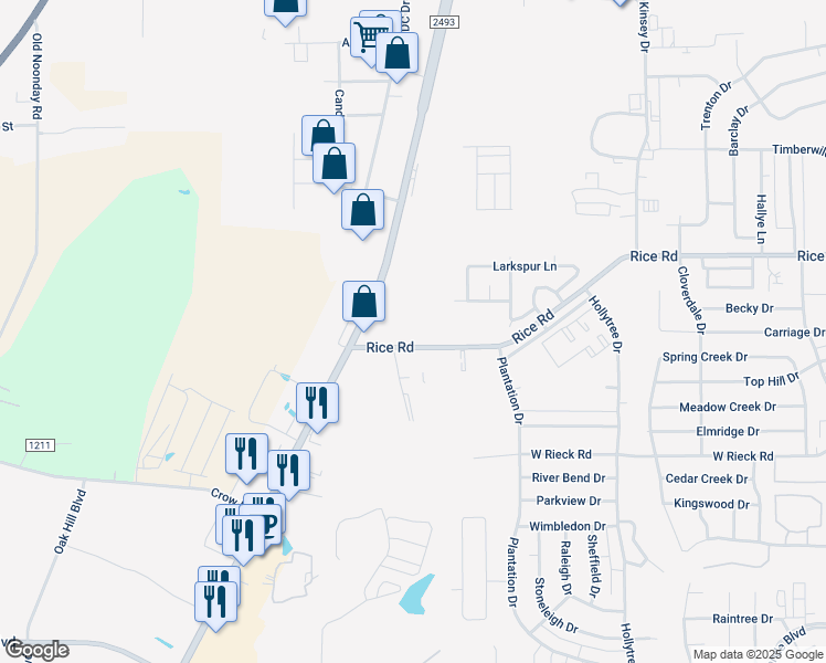 map of restaurants, bars, coffee shops, grocery stores, and more near 1529-1573 Rice Road in Tyler