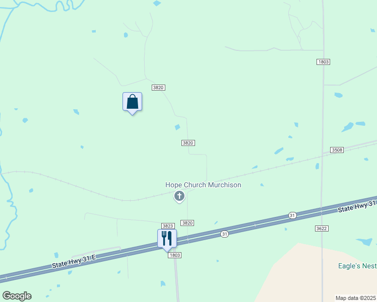 map of restaurants, bars, coffee shops, grocery stores, and more near County Road 3820 in Murchison