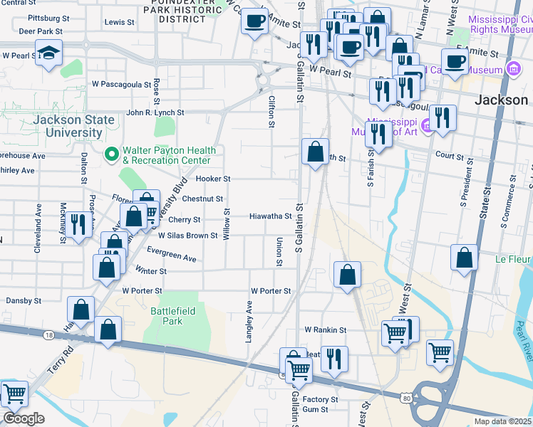 map of restaurants, bars, coffee shops, grocery stores, and more near 450 Hiawatha Street in Jackson