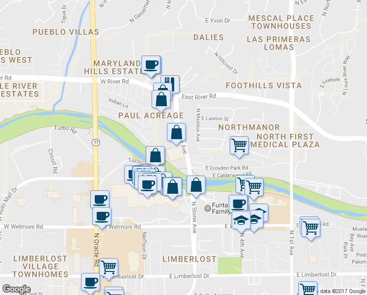 map of restaurants, bars, coffee shops, grocery stores, and more near N Stone Ave in Tucson