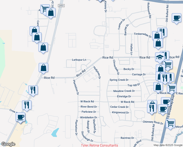 map of restaurants, bars, coffee shops, grocery stores, and more near 5207 Hollytree Drive in Tyler