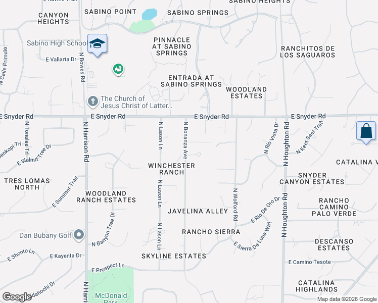 map of restaurants, bars, coffee shops, grocery stores, and more near 9915 East Goldsmith Place in Tucson