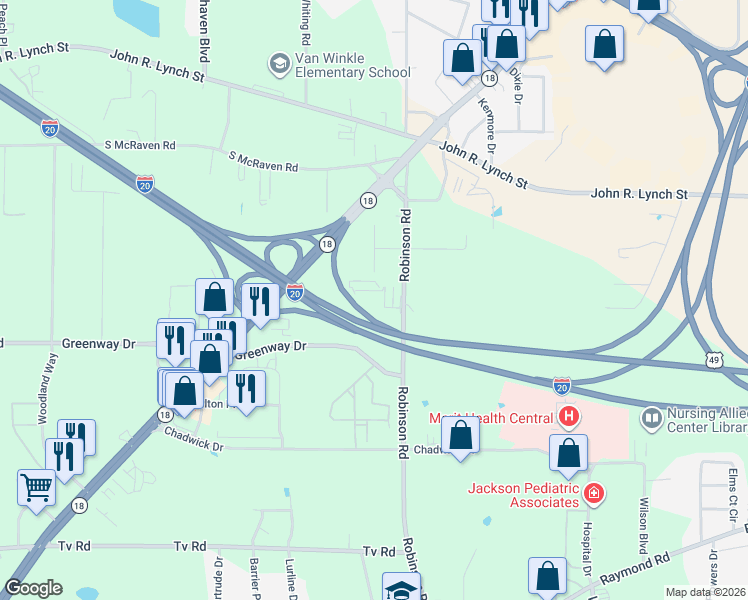 map of restaurants, bars, coffee shops, grocery stores, and more near 4787 Robinson Road in Jackson