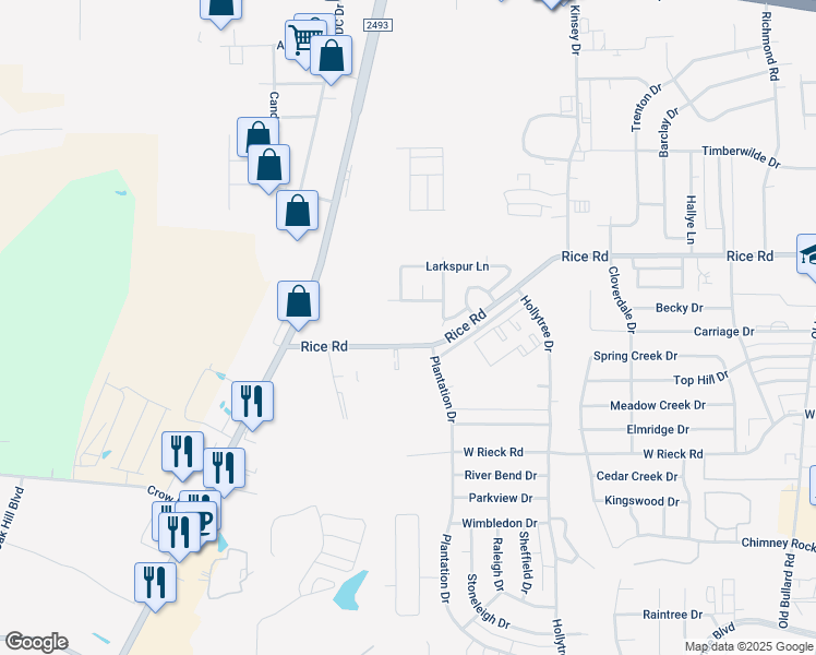 map of restaurants, bars, coffee shops, grocery stores, and more near 1402 Rice Road in Tyler