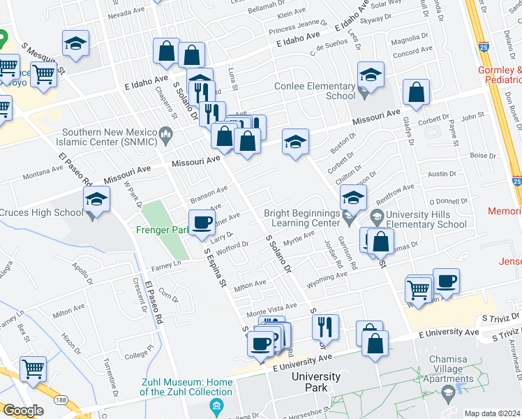 map of restaurants, bars, coffee shops, grocery stores, and more near 1310 Gardner Avenue in Las Cruces