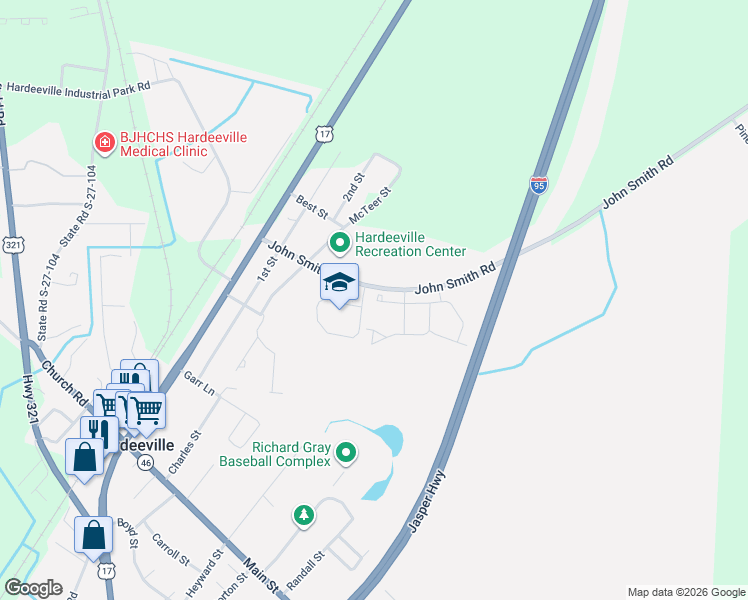 map of restaurants, bars, coffee shops, grocery stores, and more near 400 John Smith Road in Hardeeville