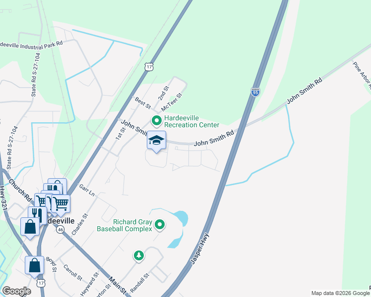 map of restaurants, bars, coffee shops, grocery stores, and more near 95 Castle Street in Hardeeville