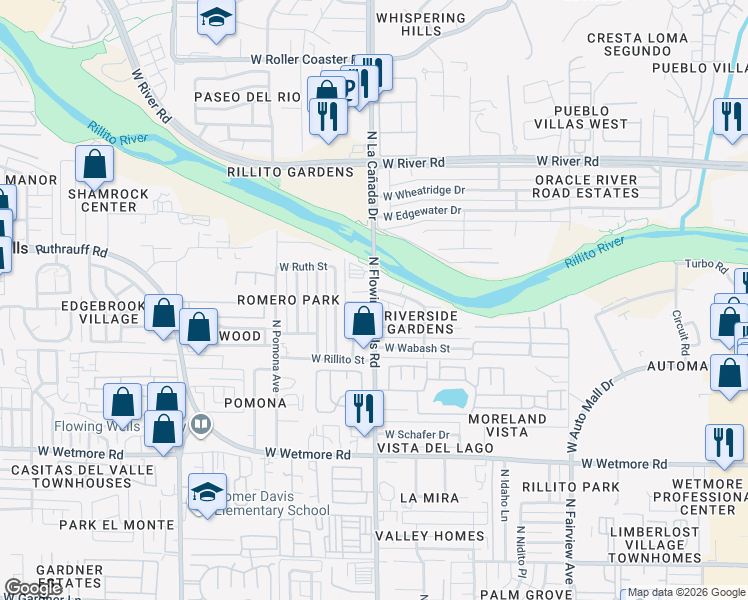 map of restaurants, bars, coffee shops, grocery stores, and more near 4751 North Flowing Wells Road in Tucson