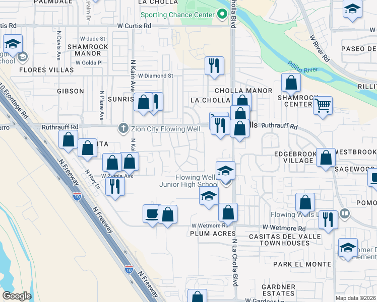 map of restaurants, bars, coffee shops, grocery stores, and more near 2375 West Wave Hill Court in Tucson