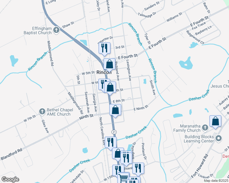 map of restaurants, bars, coffee shops, grocery stores, and more near 214 North Columbia Avenue in Rincon